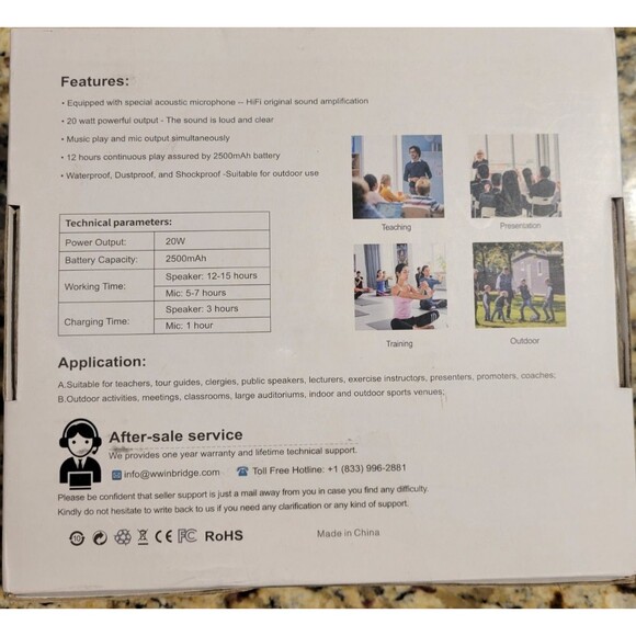 Winbridge 20W Wireless Bluetooth Voice Amplifier w/ Wireless Microphone Headset - Picture 13 of 16